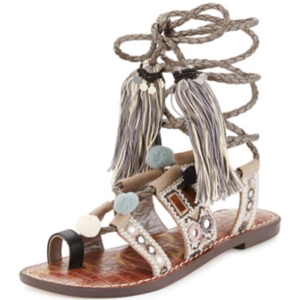 New Sam Edelman Gretchen Gladiator Embroidered Lace-Up Flat Sandal